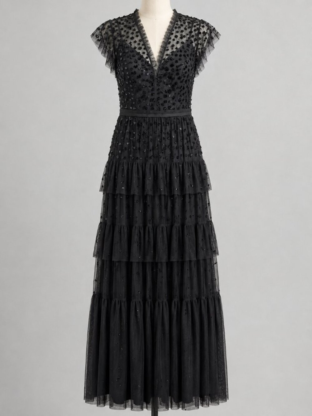 Needle & Thread Dress 4 Black Sequin Mesh Maxi VNeck Flutter Sleeve Mirage Gown
